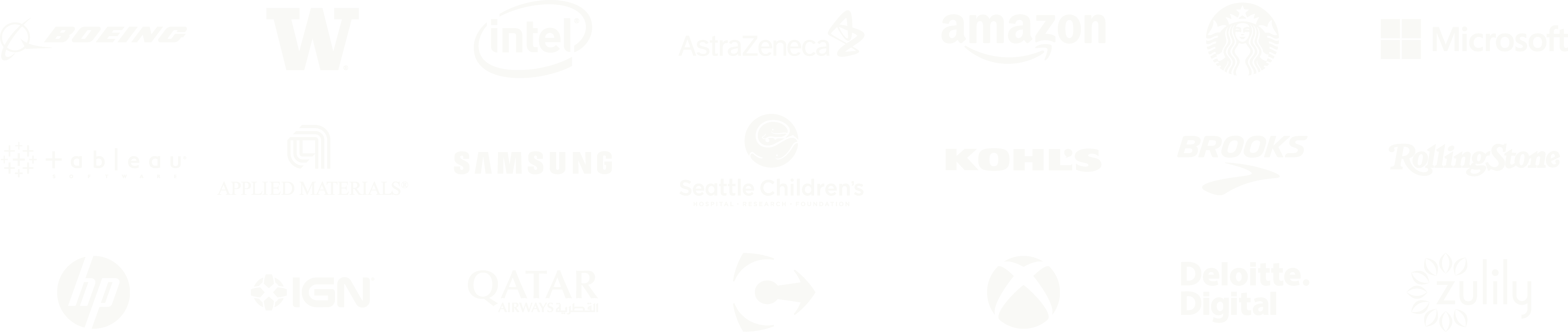 Logos of brands including Boeing, University of Washington, Intel, AstraZeneca, Amazon, Starbucks, Microsoft, Tableau, Applied Materials, Samsung, Seattle Children's, Kohl's, Brooks, Rolling Stone, HP, IGN, Qatar Airways, Xbox, Deloitte Digital, and Zulily